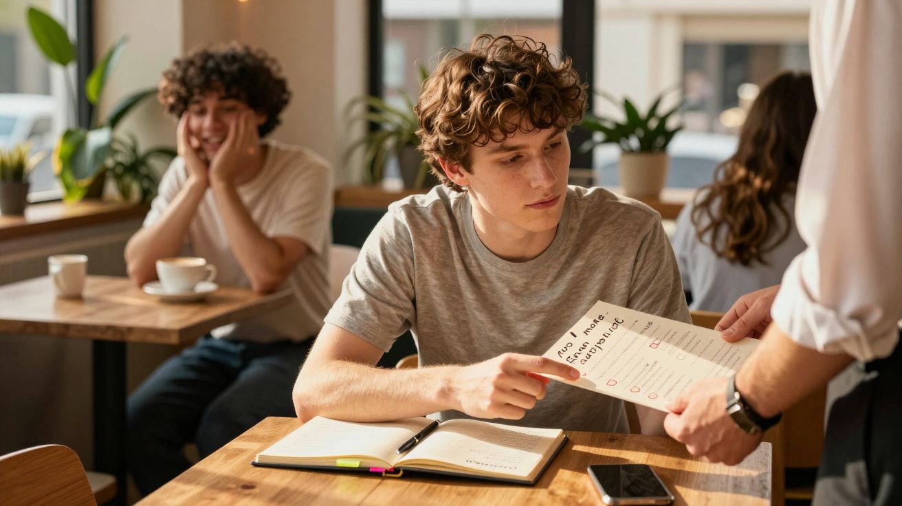 Jovem sentado à mesa a mostrar um formulário a um funcionário num café, com outra pessoa ao fundo.