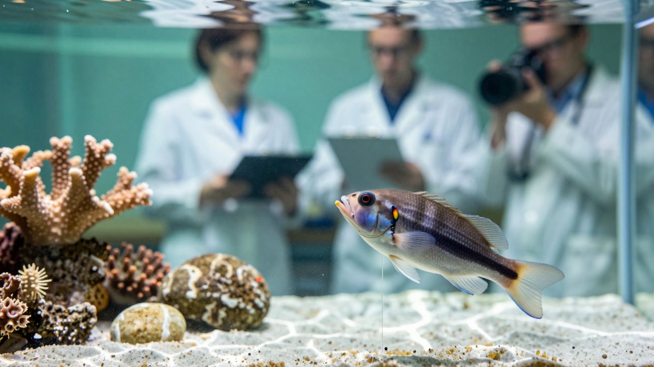 Peixe a nadar num aquário com corais, enquanto três cientistas observam ao fundo com batas brancas.