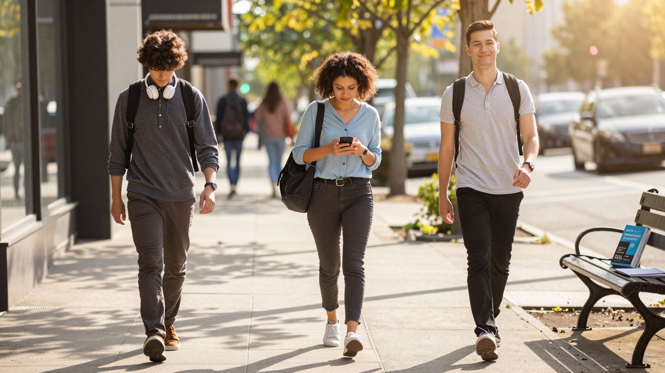 Três jovens a caminhar num passeio urbano ensolarado, uma a olhar para o telemóvel e os outros dois sorrindo.