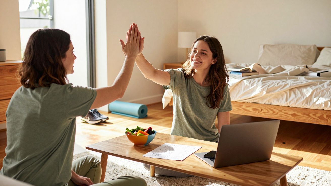 Mulher a dar um toque de mão consigo mesma sentada no chão ao lado de uma mesa baixa com laptop e fruta.