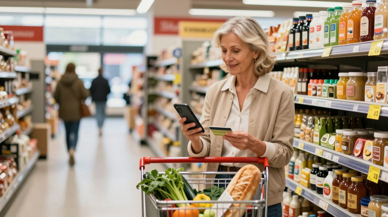 Mulher sénior faz compras no supermercado com carrinho cheio e consulta cartão e telemóvel.