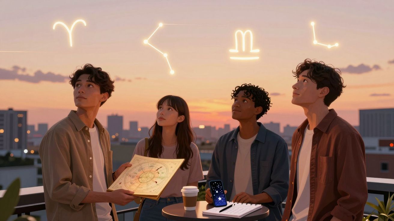 Quatro jovens observam sinais de constelações no céu ao pôr do sol numa varanda na cidade.