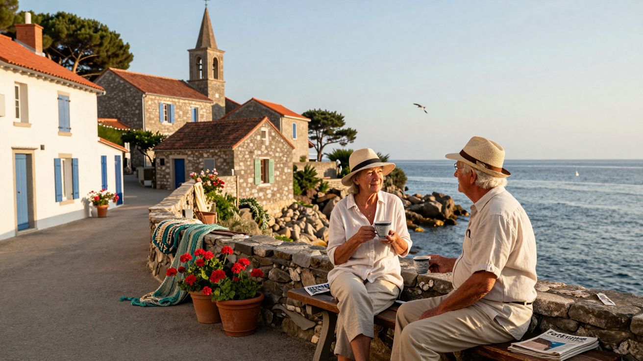 Casal idoso de chapéu sentado a conversar junto ao mar numa vila com casas de pedra e flores.