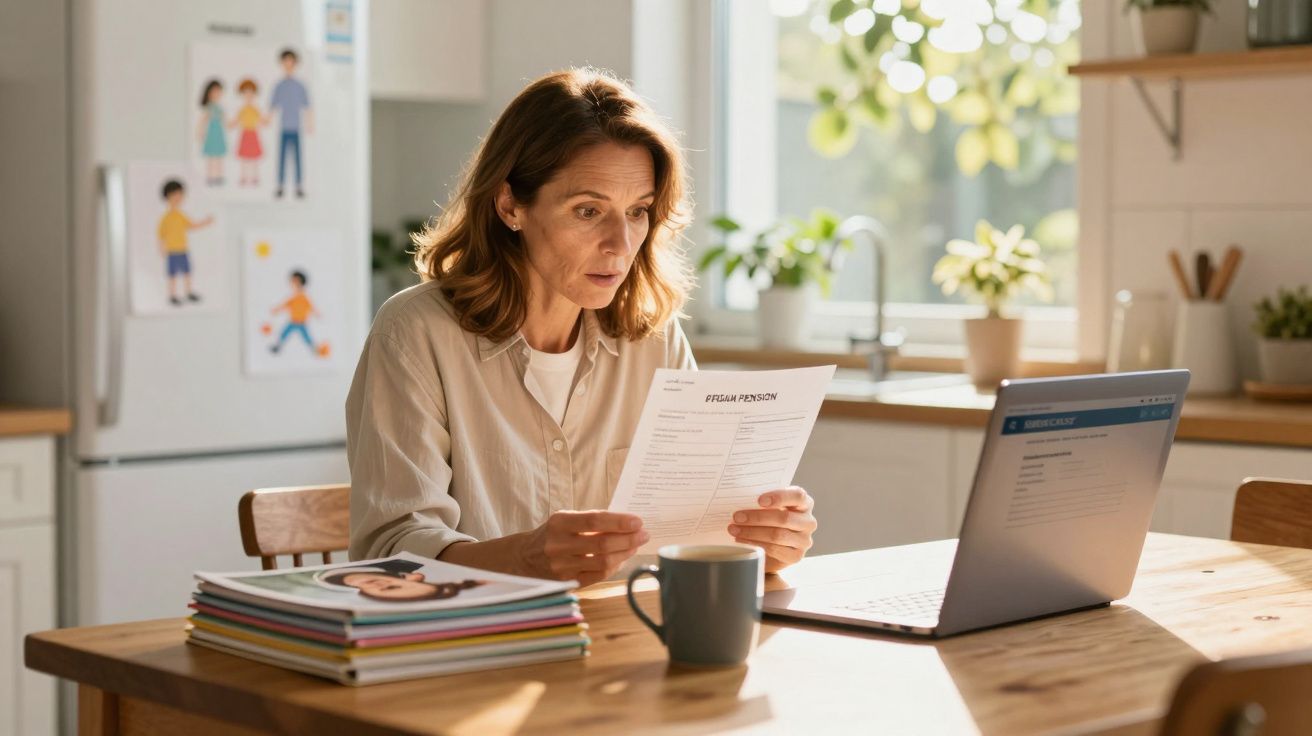 Mulher sentada à mesa de cozinha, a analisar documento com expressão de preocupação e computador portátil aberto.