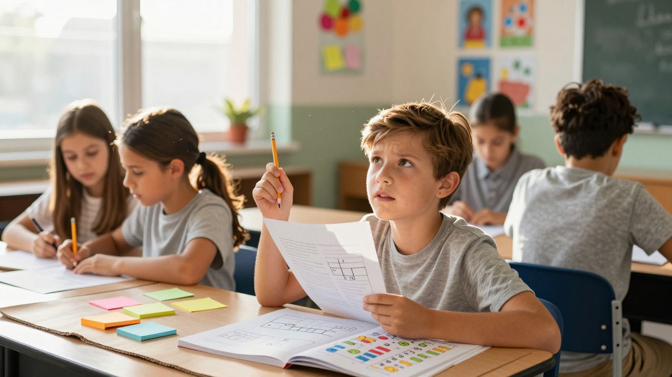 Aluno levantando a mão a pedir ajuda enquanto estuda e escreve numa sala de aula com quatro crianças.