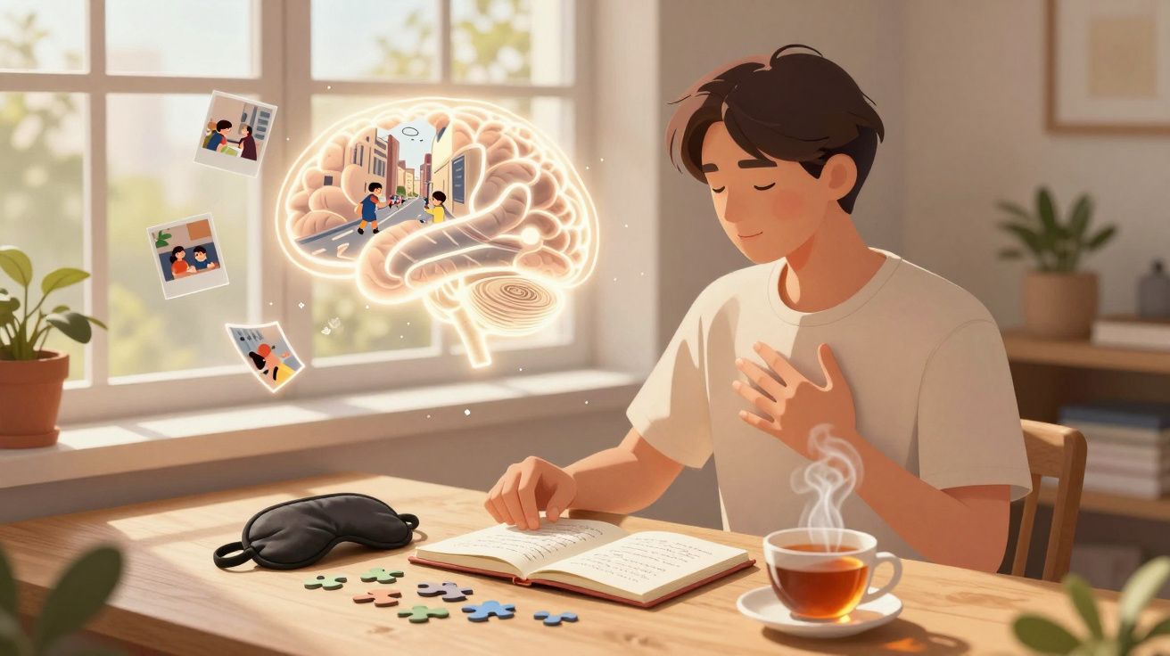 Pessoa a ler um livro à mesa, com chá, máscara de dormir e memória visual representada por imagens e cérebro iluminado.