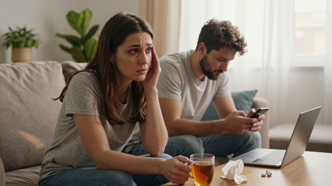 Casal sentado no sofá, mulher preocupada com chá, homem distraído no telemóvel e portátil aberto na mesa.