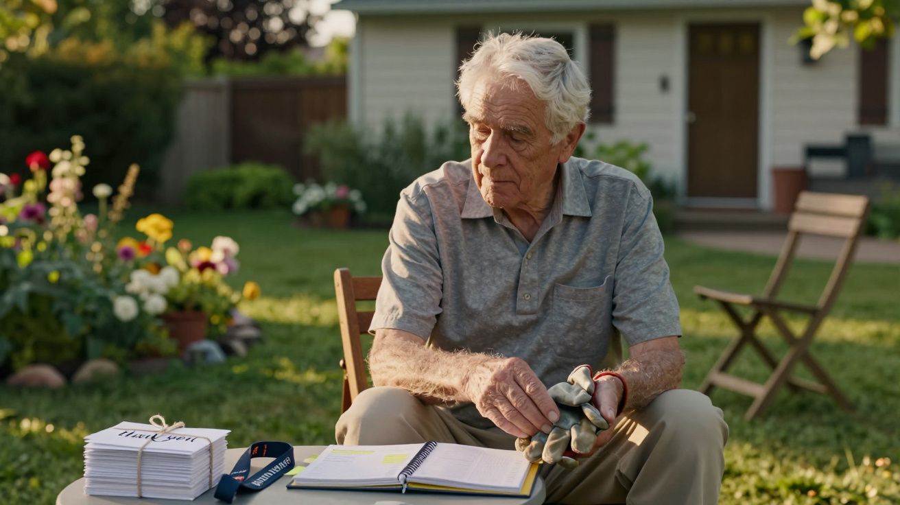 Homem idoso sentado no jardim a organizar luvas junto a um caderno e envelopes num dia soalheiro.