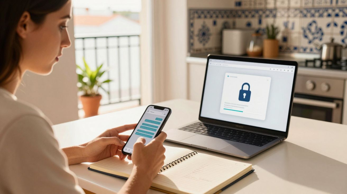 Mulher a usar telemóvel com mensagens, computador portátil mostra ecrã de segurança numa mesa na cozinha.
