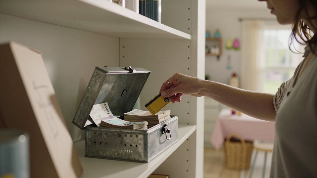 Pessoa guardando cartão numa caixa metálica em estante branca numa divisão iluminada.