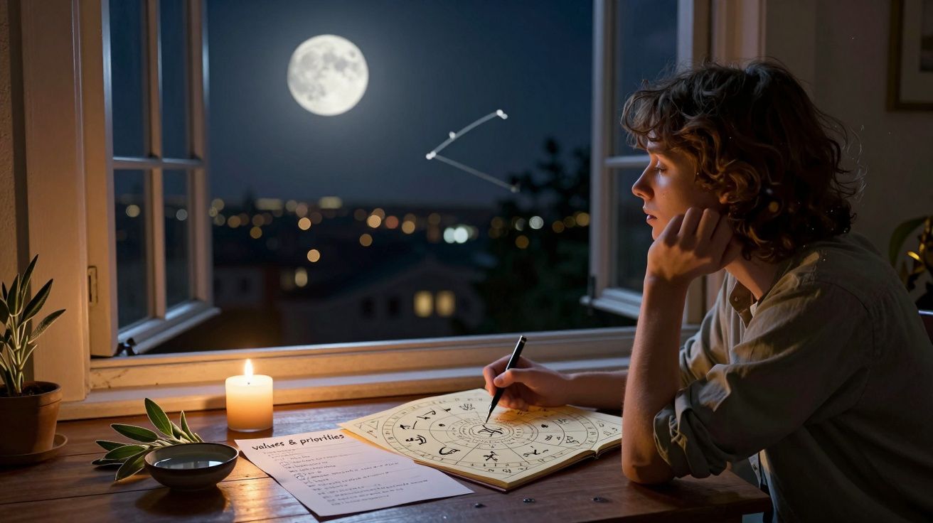 Pessoa a estudar astrologia à mesa com vela acesa, sob a lua cheia e a constelação de Câncer visível na janela.