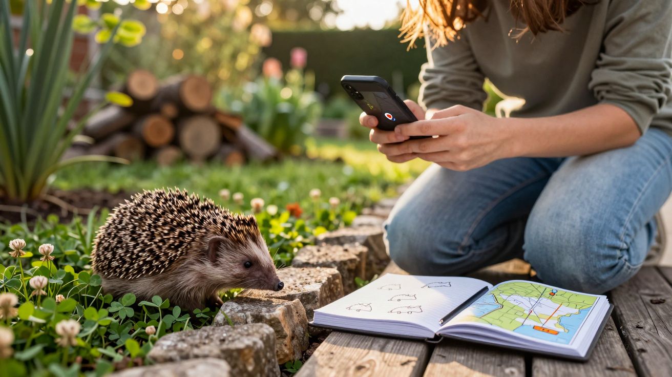 Pessoa agachada a fotografar ouriço-cacheiro no jardim ao lado de livro aberto com mapas e desenhos.