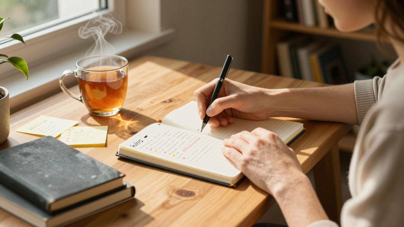 Pessoa a escrever num caderno numa secretária com chá quente, livros e notas adesivas ao lado, junto à janela.