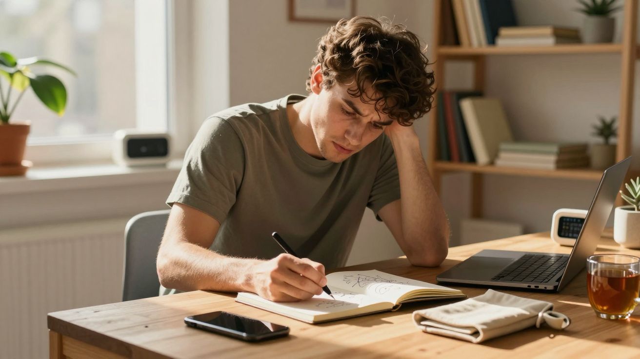 Jovem a desenhar numa caderneta com caneta, sentado à mesa com computador portátil e chá à frente.
