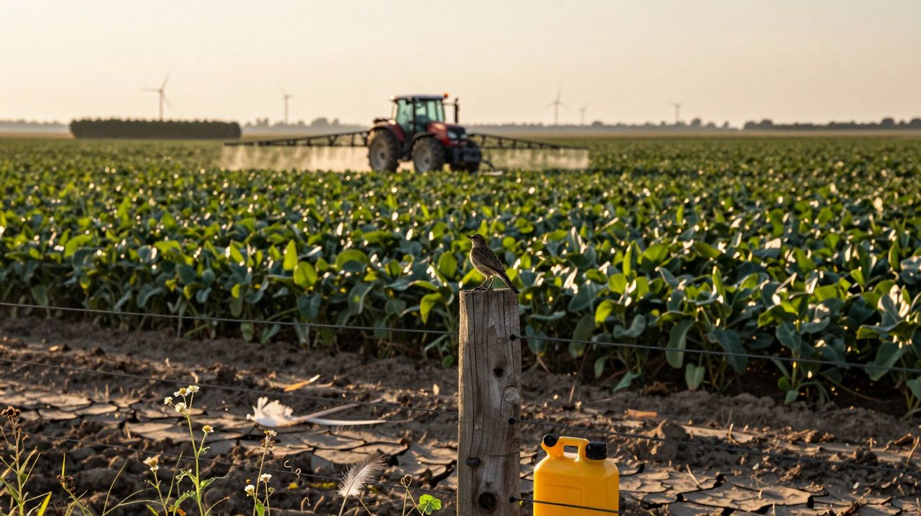 Campo agrícola com plantações verdes, trator a cultivar e pássaro numa estaca de madeira ao amanhecer.