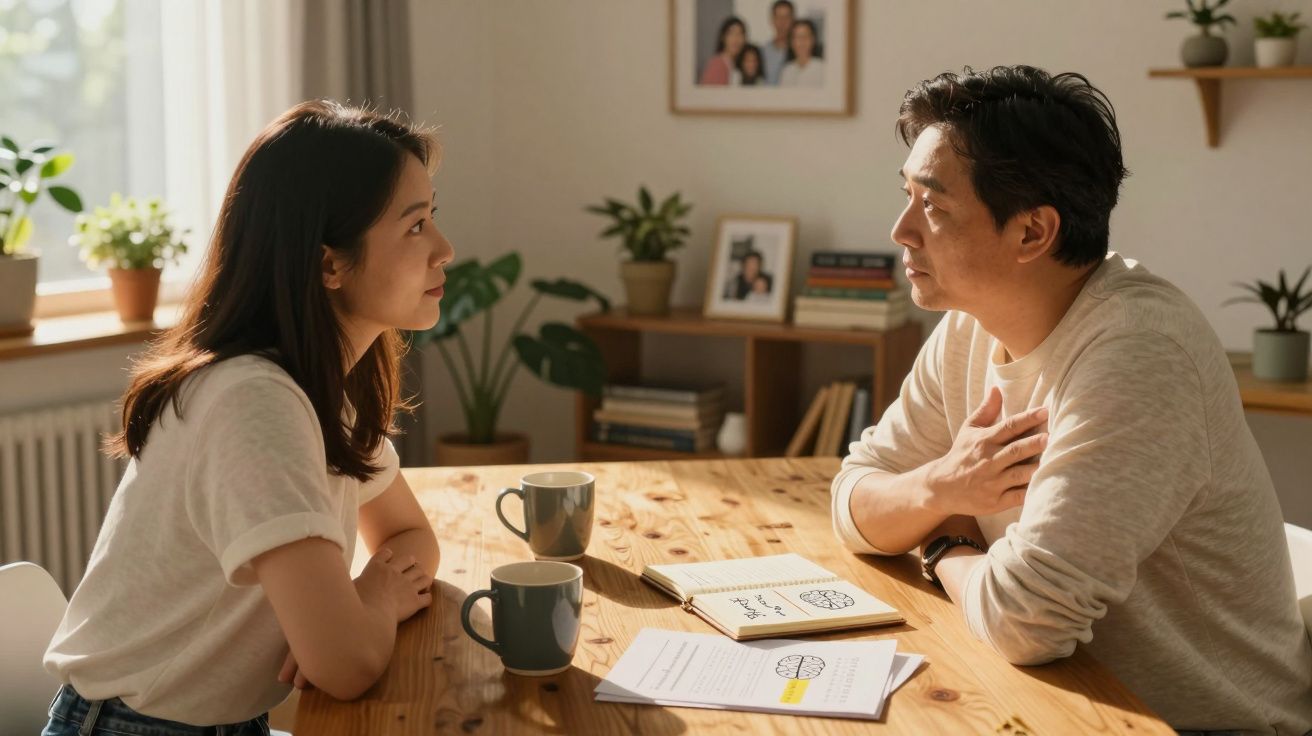 Duas pessoas sentadas à mesa, a conversar de forma séria com canecas e documentos à frente.