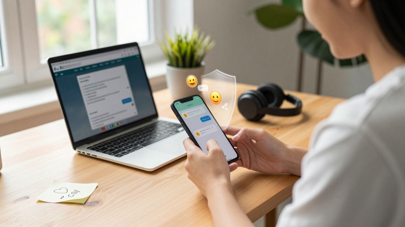 Pessoa a usar telemóvel para trocar mensagens, com laptop e auscultadores numa secretária de madeira.