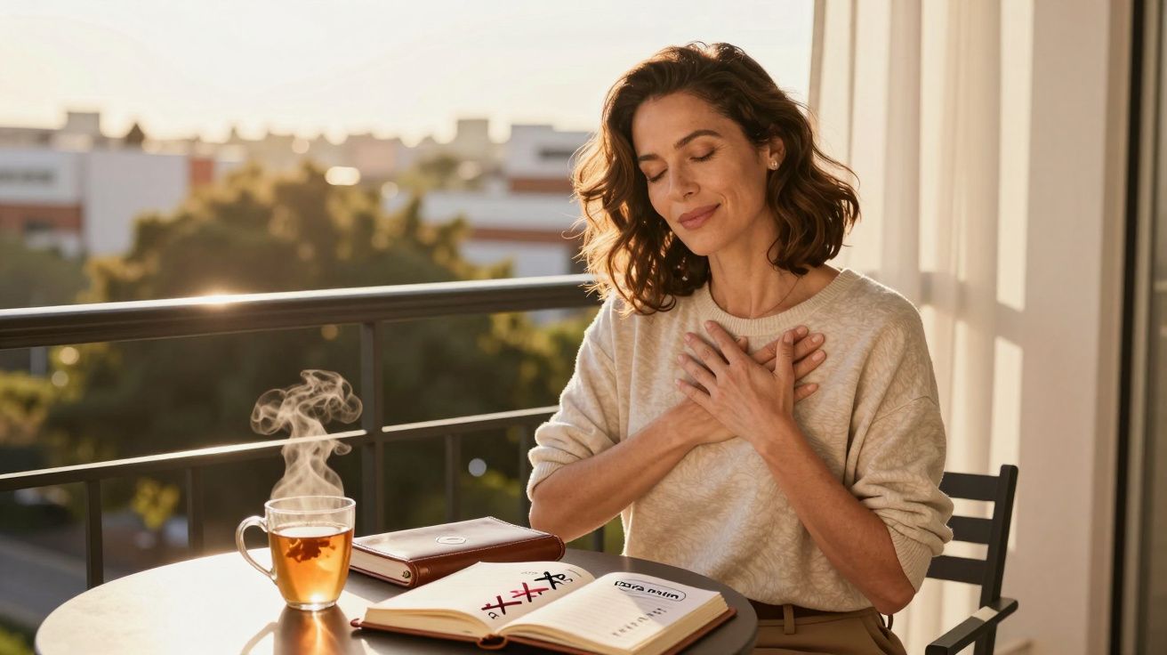Mulher sentada numa varanda ao amanhecer com as mãos no peito, um livro e chá na mesa.