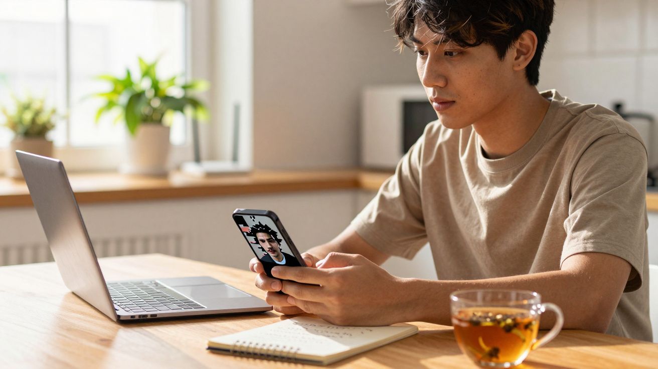 Jovem sentado numa mesa a usar telemóvel com vídeo chamada, computador aberto, bloco de notas e chá à frente.