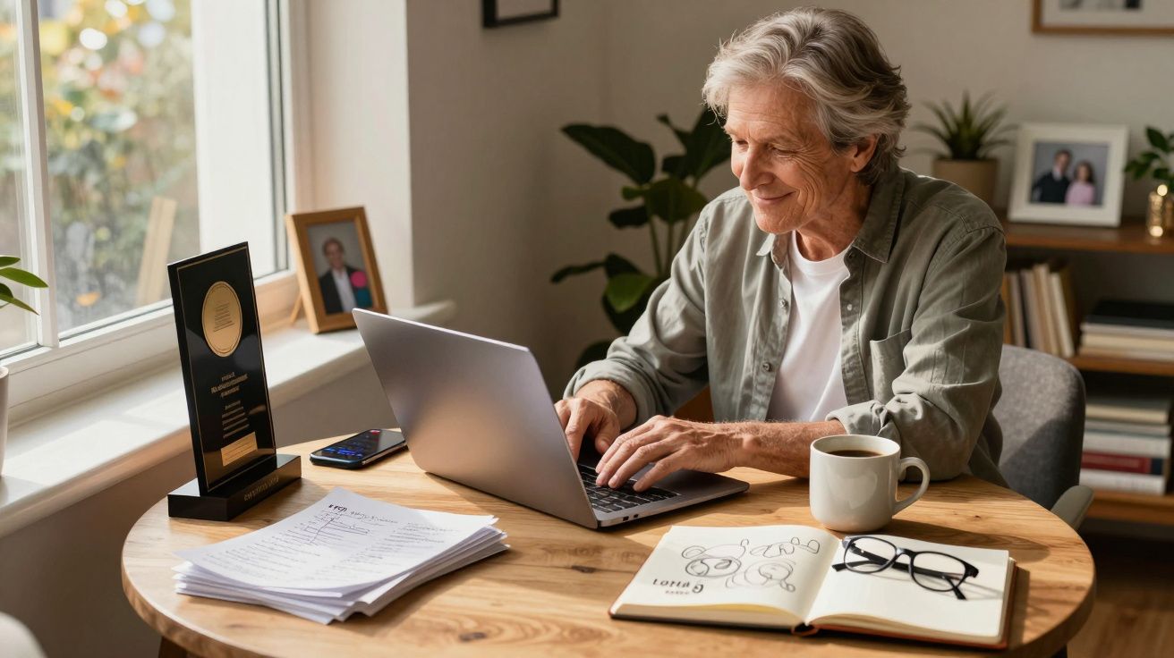 Homem sénior a trabalhar num portátil numa mesa com livros, óculos, café e troféu.