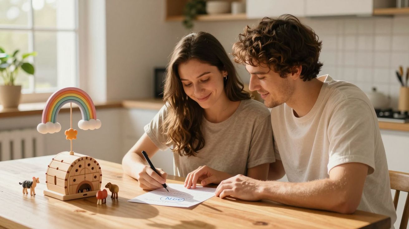 Casal jovem sentado à mesa a assinar documentos num ambiente de cozinha com brinquedos de madeira.
