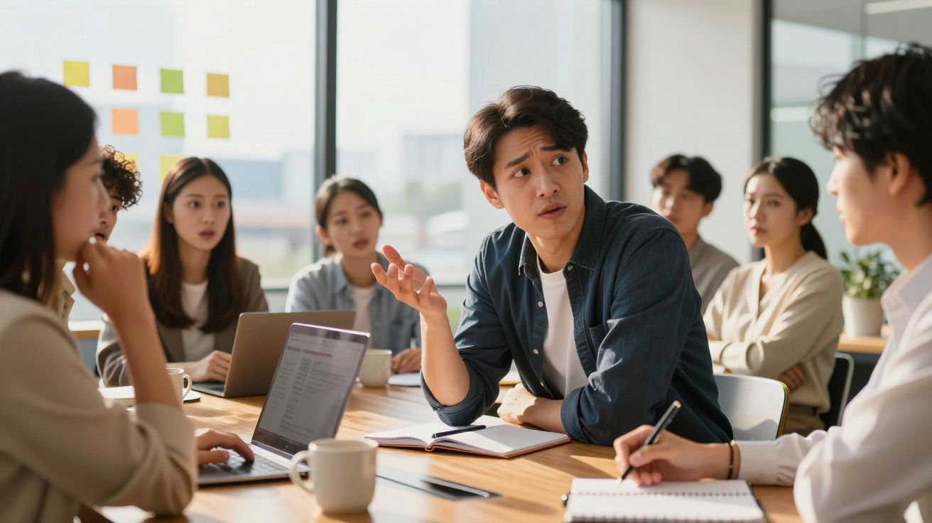 Grupo de jovens em reunião de trabalho, atentos a um homem que fala gesticulando à mesa de escritório.