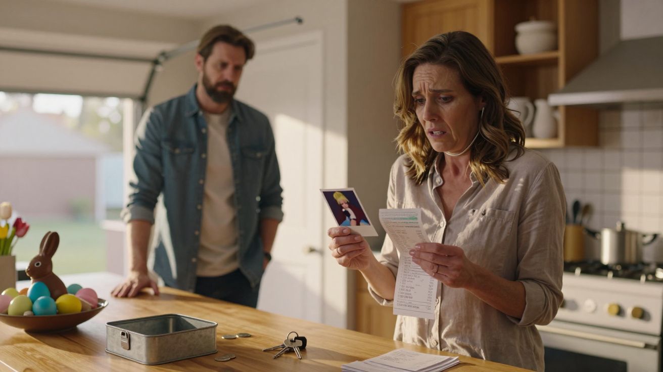 Mulher preocupada analisa uma fatura na cozinha enquanto homem observa ao fundo.