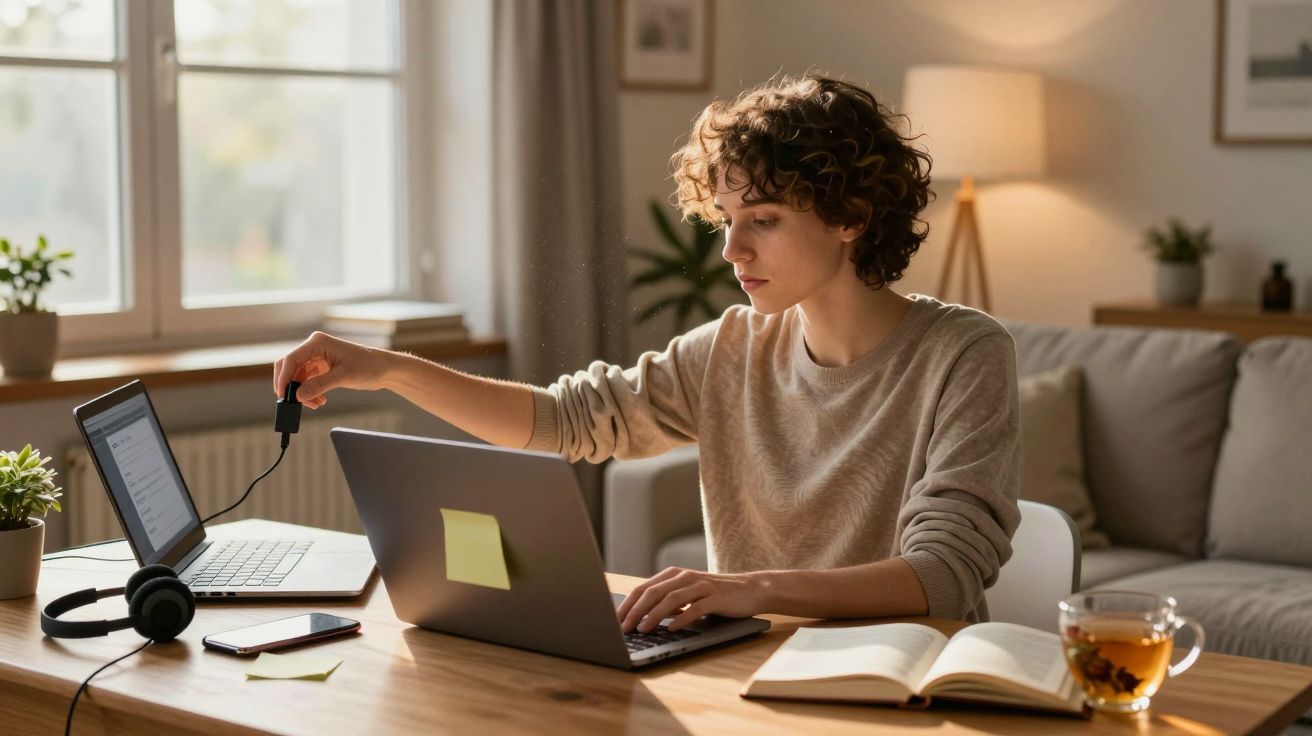 Pessoa a trabalhar em casa num ambiente acolhedor, com computador, livro aberto e chá ao lado.