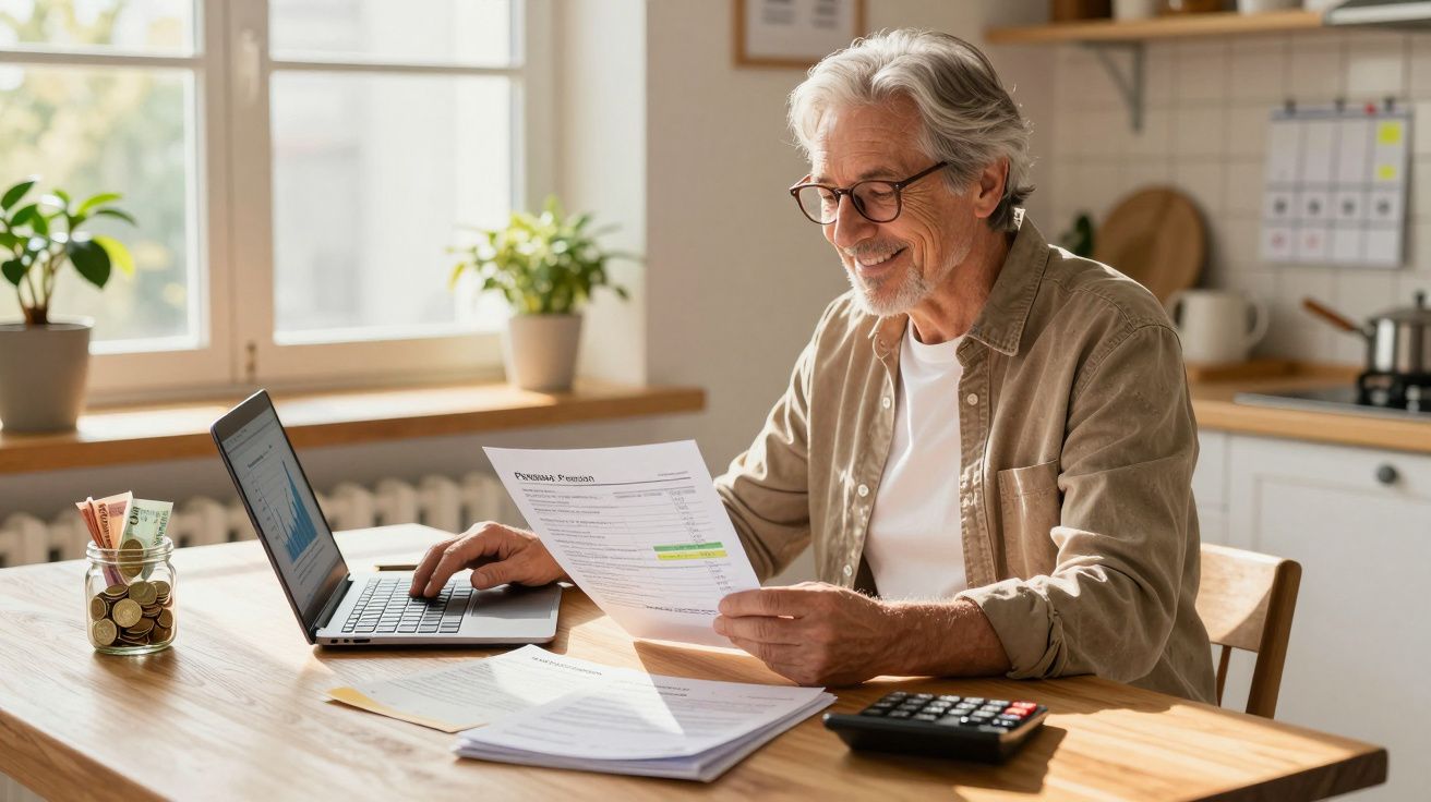 Homem idoso a analisar documentos e usar portátil, sentado numa mesa de cozinha bem iluminada.