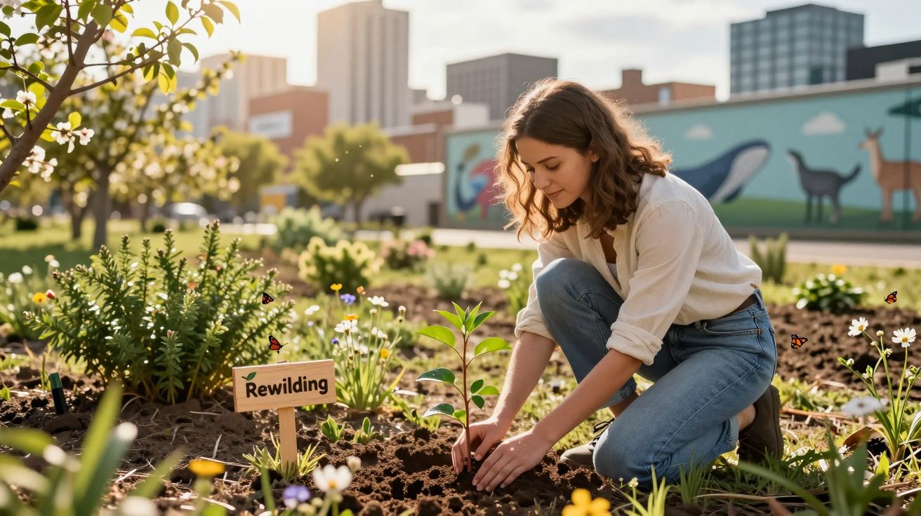 Jovem a plantar uma árvore num jardim urbano com placa a dizer "Rewilding" e borboletas à volta.