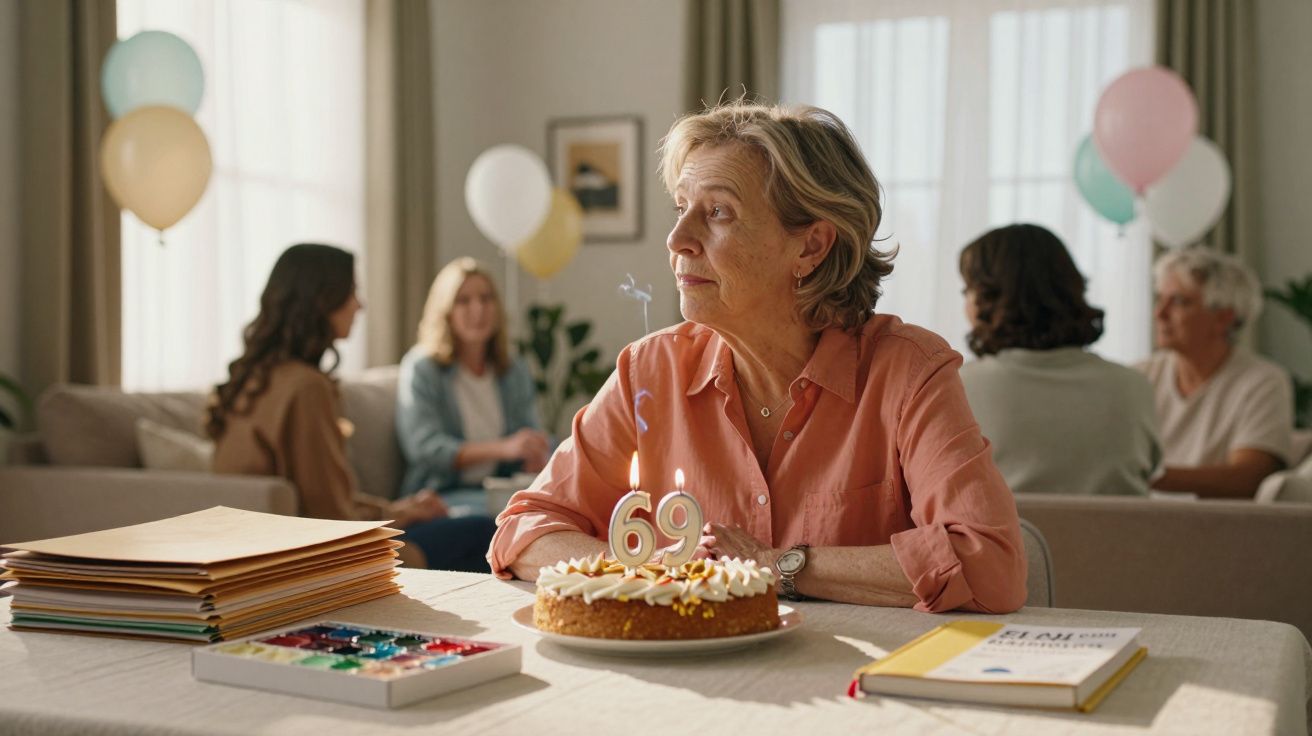 Mulher sentada à mesa com bolo de aniversário dos 69 anos, rodeada por familiares numa sala decorada com balões.