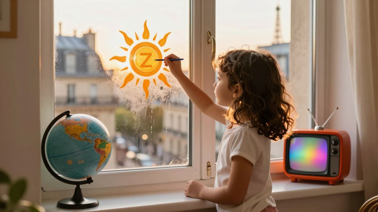 Criança a pintar um sol com a letra Z na janela, com globo terrestre e televisão antiga na mesa.