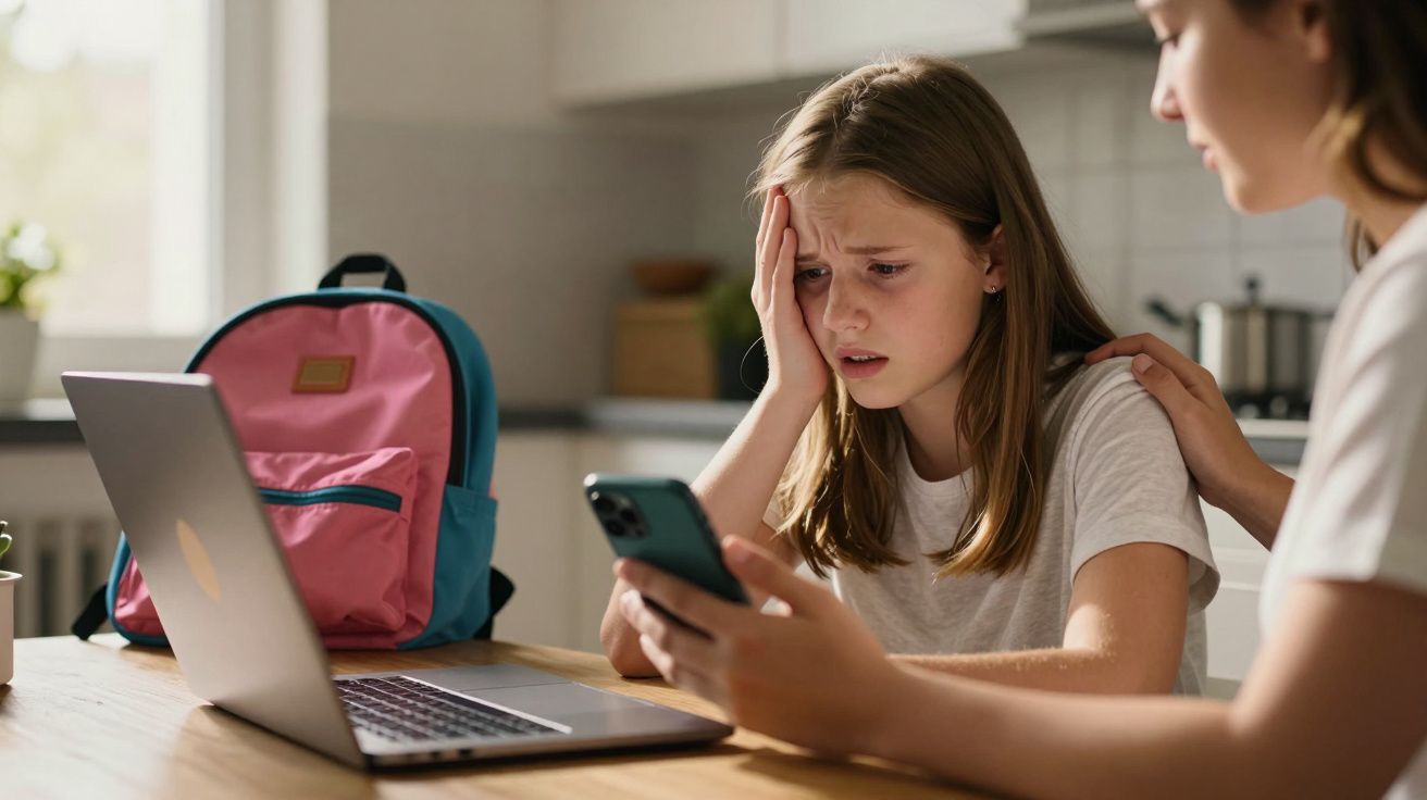 Menina com expressão preocupada olha para o telemóvel enquanto uma mulher lhe conforta num ambiente doméstico.