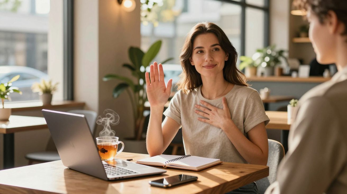 Mulher em café, com portátil aberto, a levantar a mão e mão no peito, sorrindo para outra pessoa.