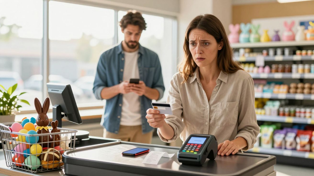 Mulher preocupada a tentar pagar com cartão numa caixa de supermercado com cesto de ovos coloridos e chocolates.