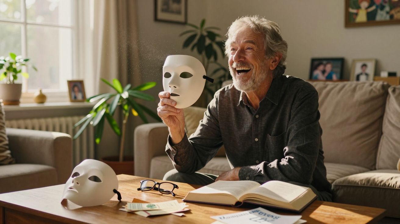 Homem idoso sentado no sofá a segurar máscara branca sorrindo, com livro aberto na mesa à frente.