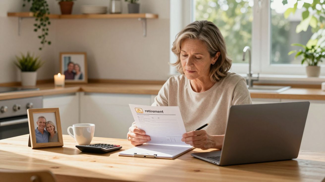 Mulher sentada na cozinha a analisar papéis sobre reforma com portátil, calculadora e fotoframe na mesa.