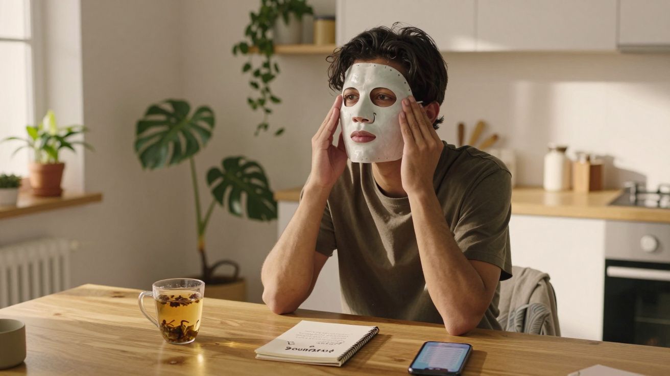 Homem sentado à mesa com máscara facial, chá, caderno e telemóvel numa cozinha luminosa.