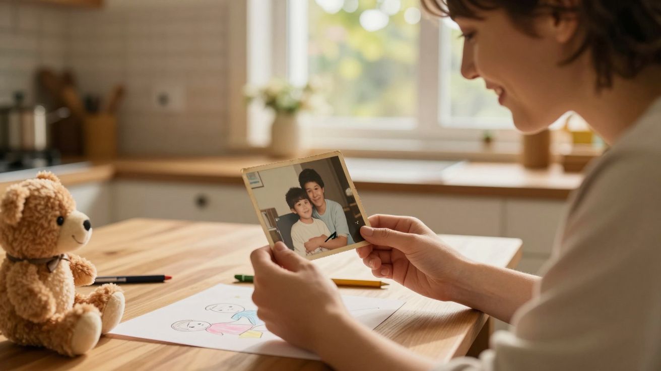 Mulher sentada à mesa, a olhar com carinho para uma fotografia antiga de dois rapazes, com um urso de peluche na mesa.