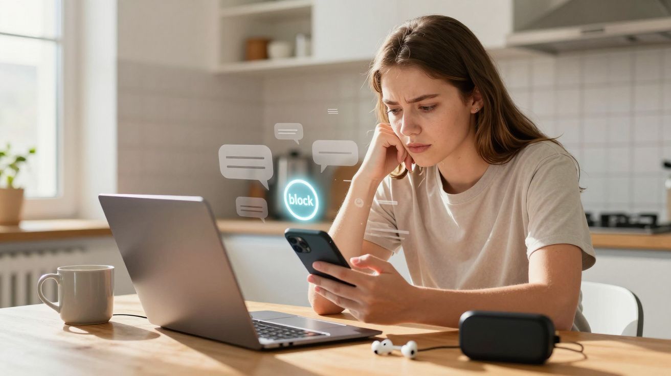 Mulher preocupada a olhar para o telemóvel com computador portátil aberto numa cozinha iluminada.