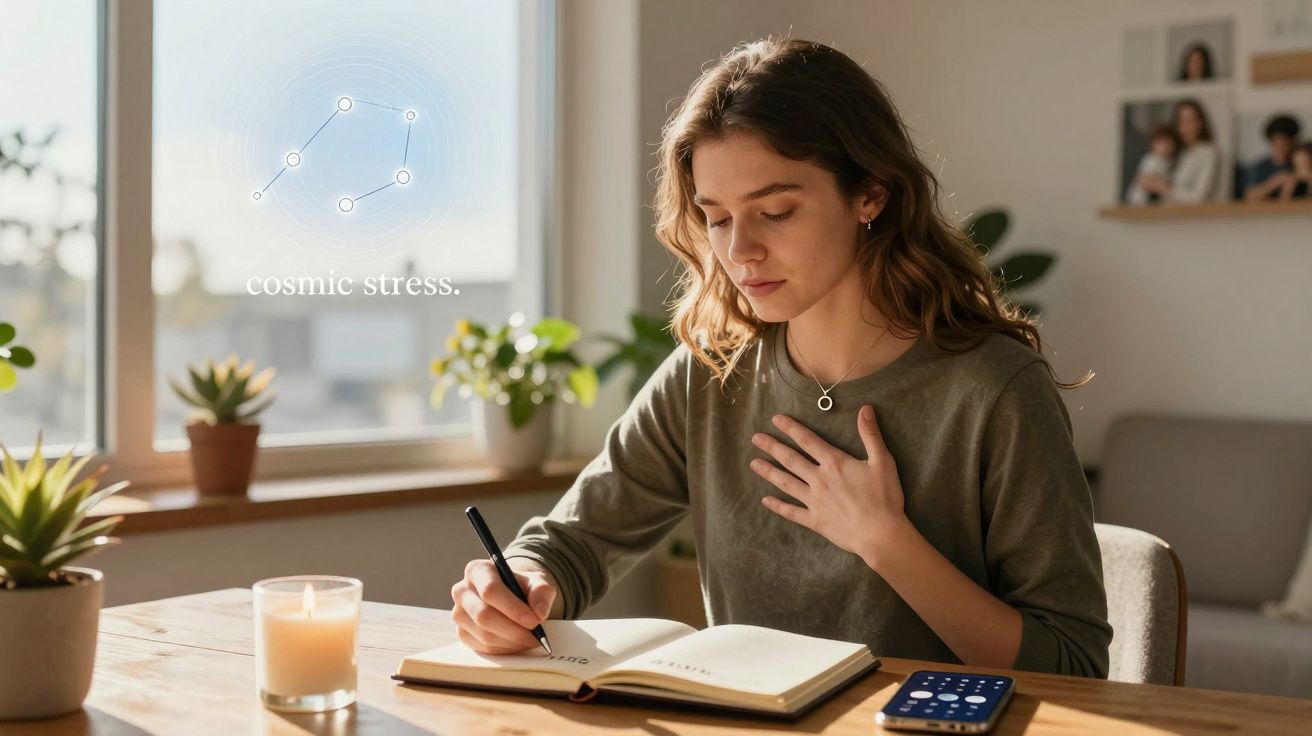 Mulher jovem sentada a escrever num caderno, simbolizando stress cósmico com constelação e texto.