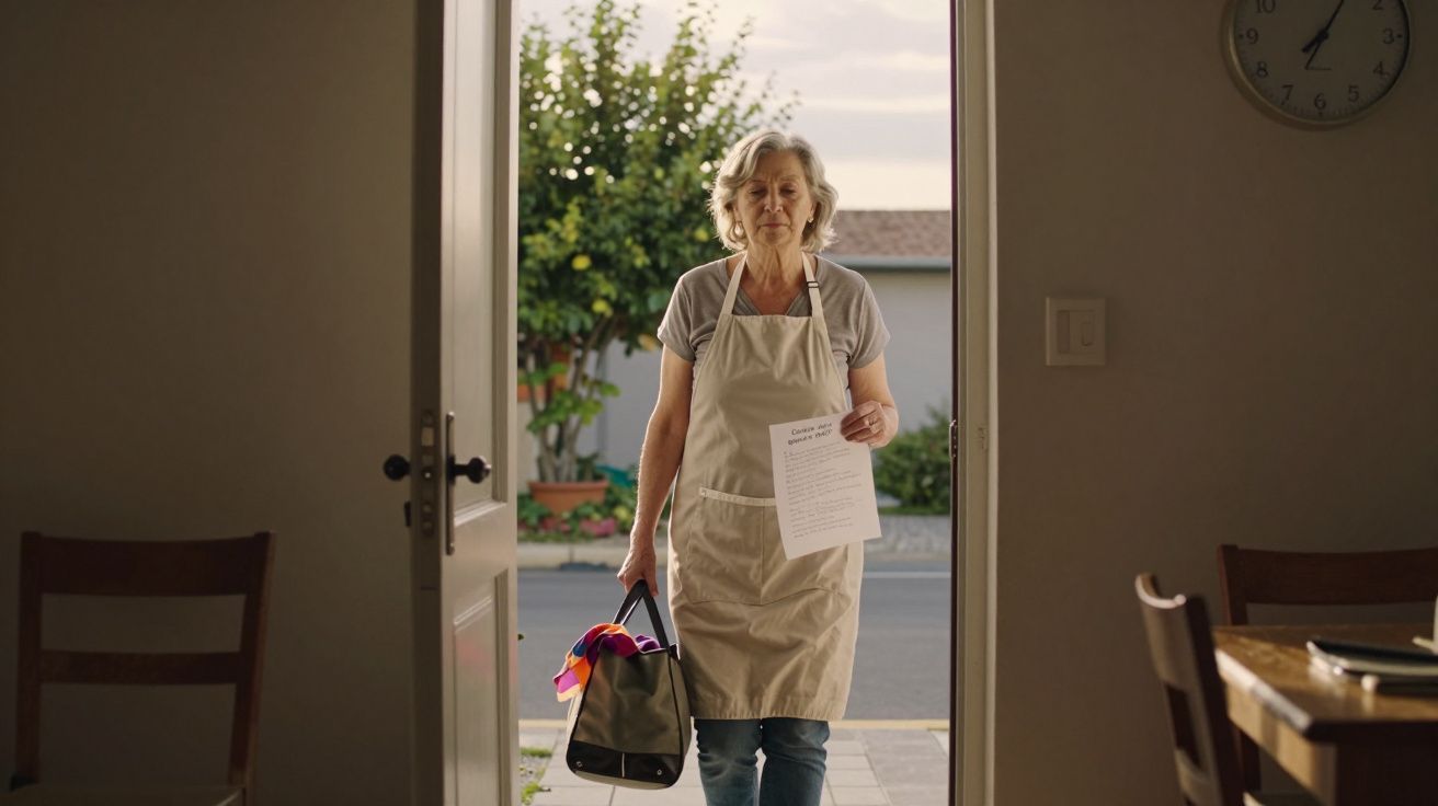 Mulher idosa com avental entra por porta aberta segurando saco e papel numa manhã com árvore ao fundo.