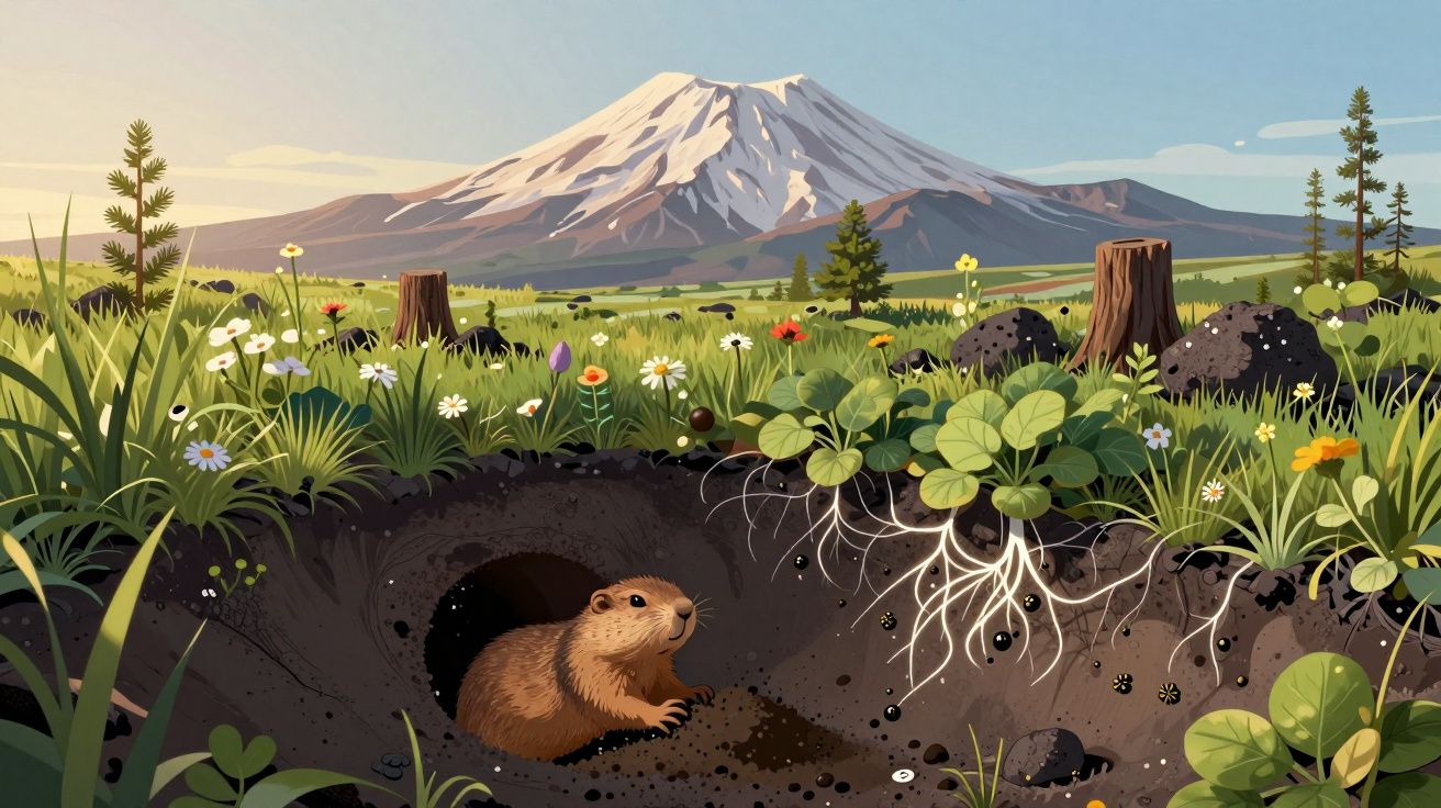 Montanha ao fundo, prado com flores e uma marmota saindo da toca no solo, com raízes e insetos visíveis na terra.