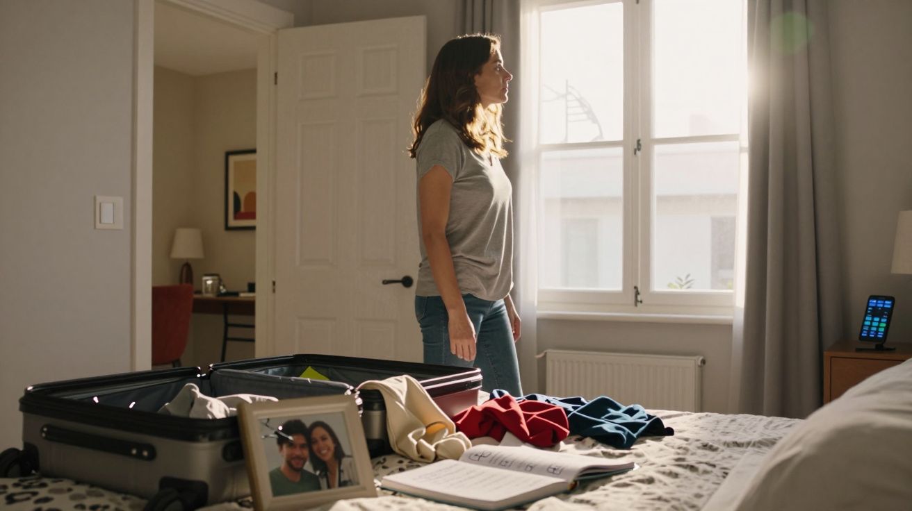 Mulher de pé ao lado de mala aberta numa cama, olhando pela janela em quarto iluminado pela manhã.
