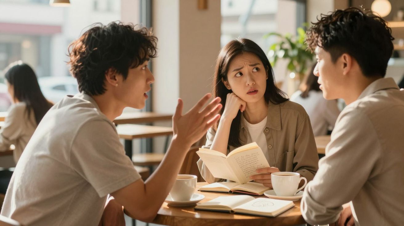 Três jovens sentados à mesa num café, um deles a falar com expressão preocupada e os outros a ouvir atentos.