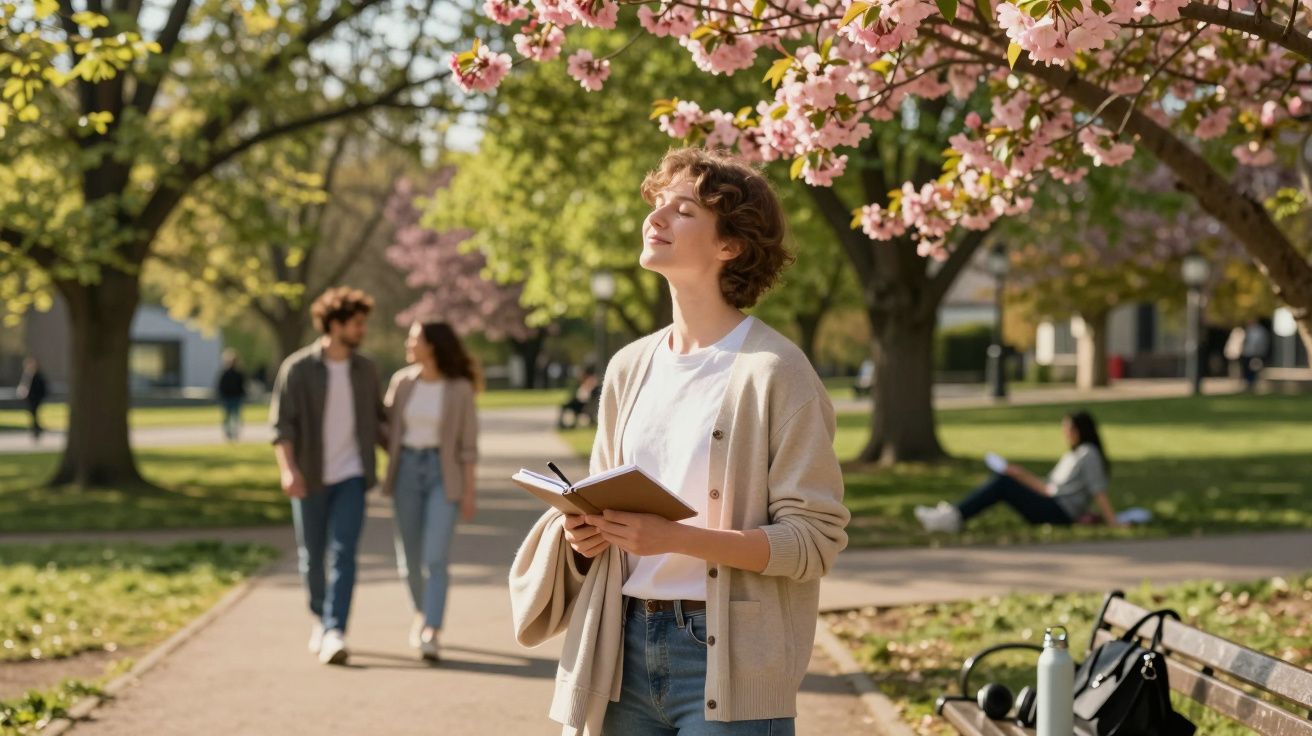 Pessoa jovem de olhos fechados a ler um livro debaixo de árvore com flores cor-de-rosa num parque ensolarado.