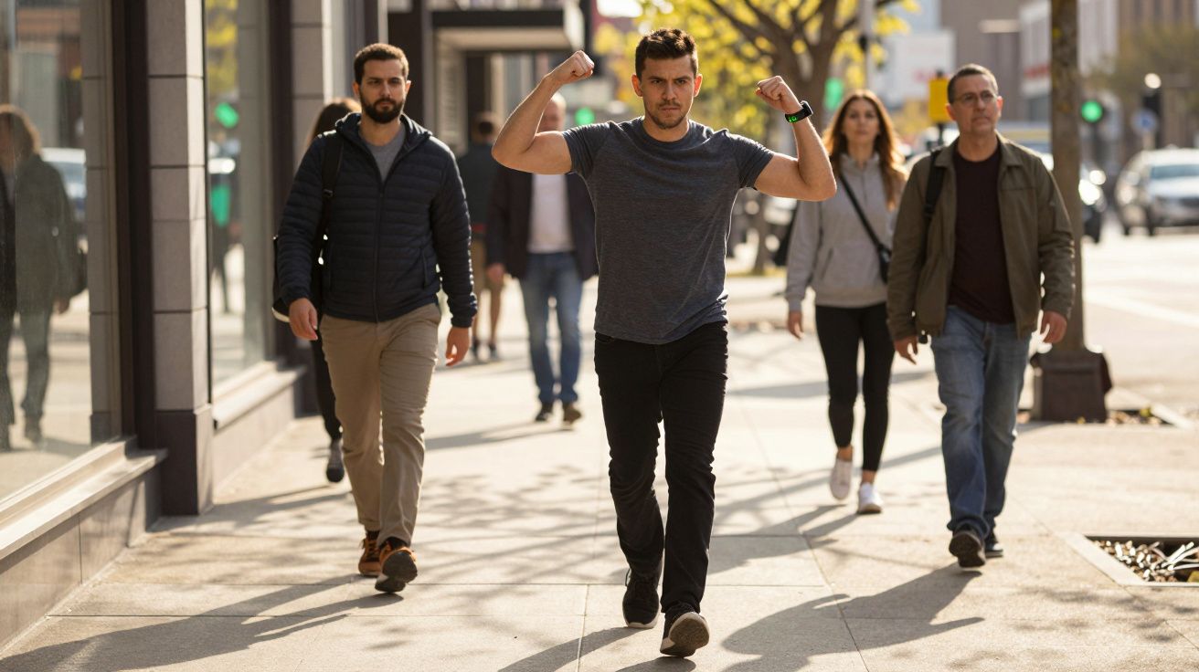 Homem de t-shirt a mostrar os músculos enquanto caminha numa calçada cheia de pessoas em dia ensolarado.