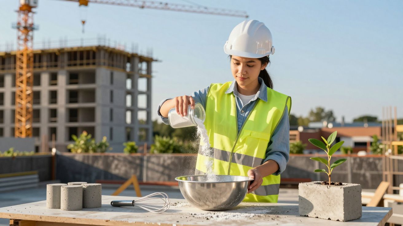 Mulher com colete e capacete de construção misturando material em tijolo num estaleiro de obras.
