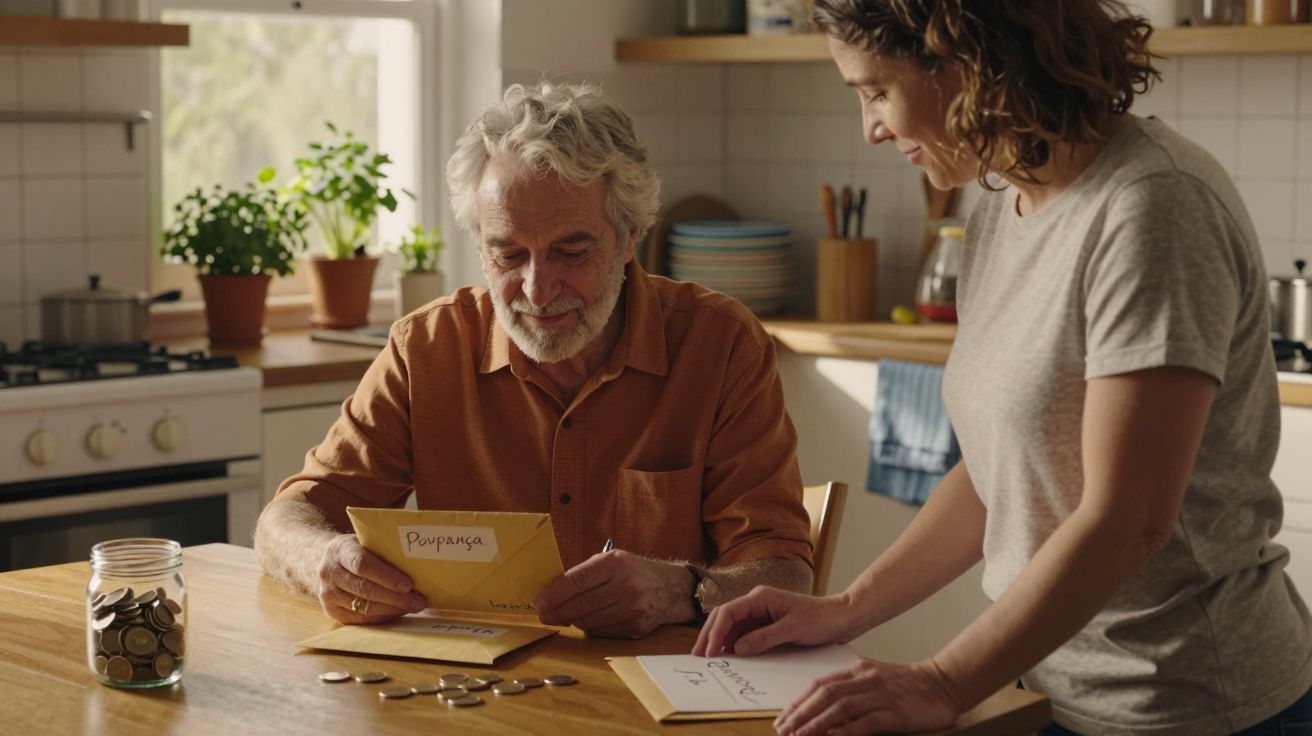 Homem idoso e mulher sentados à mesa na cozinha a contar moedas e guardar em envelopes de poupança.