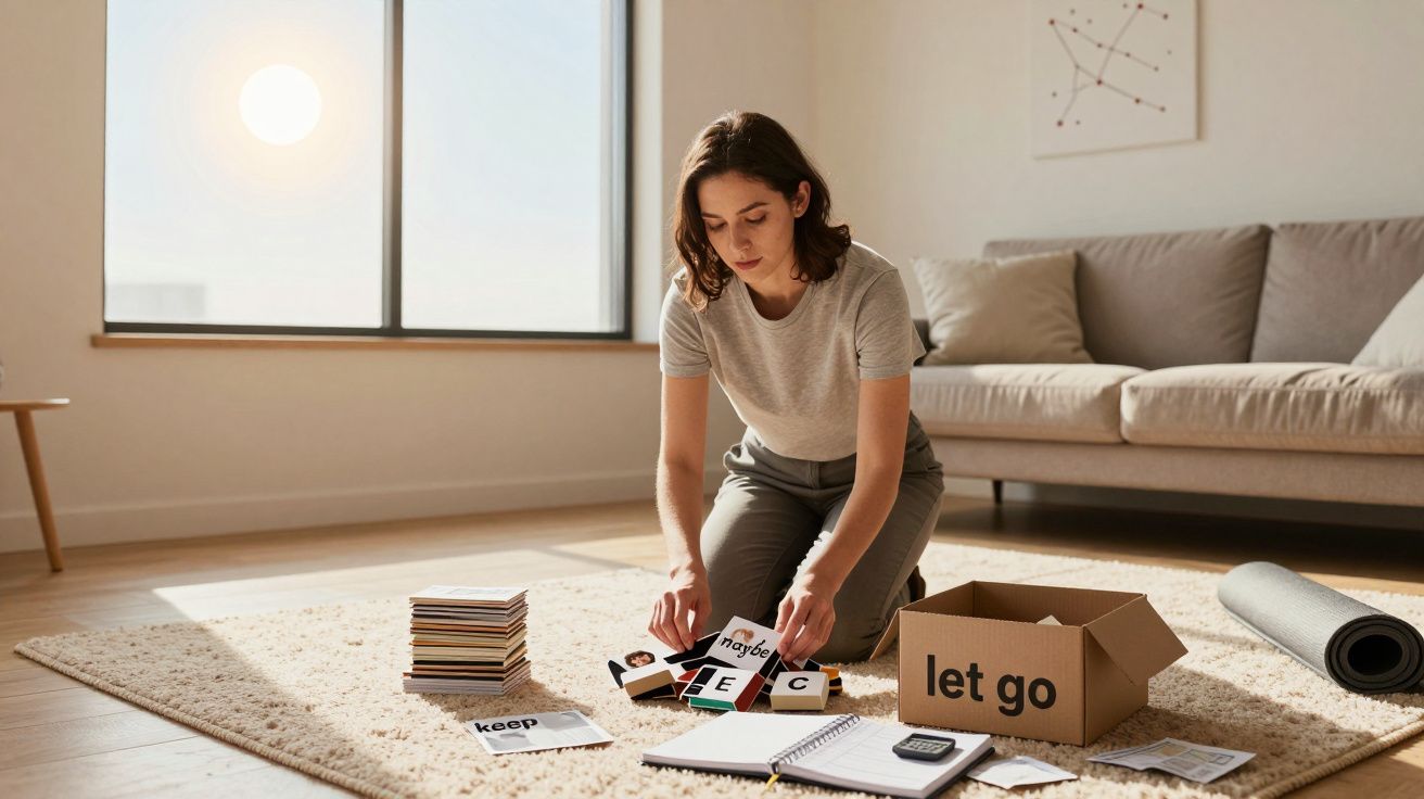 Mulher sentada no chão a organizar cartas com palavras junto a uma caixa com a inscrição "let go" numa sala iluminada pelo so
